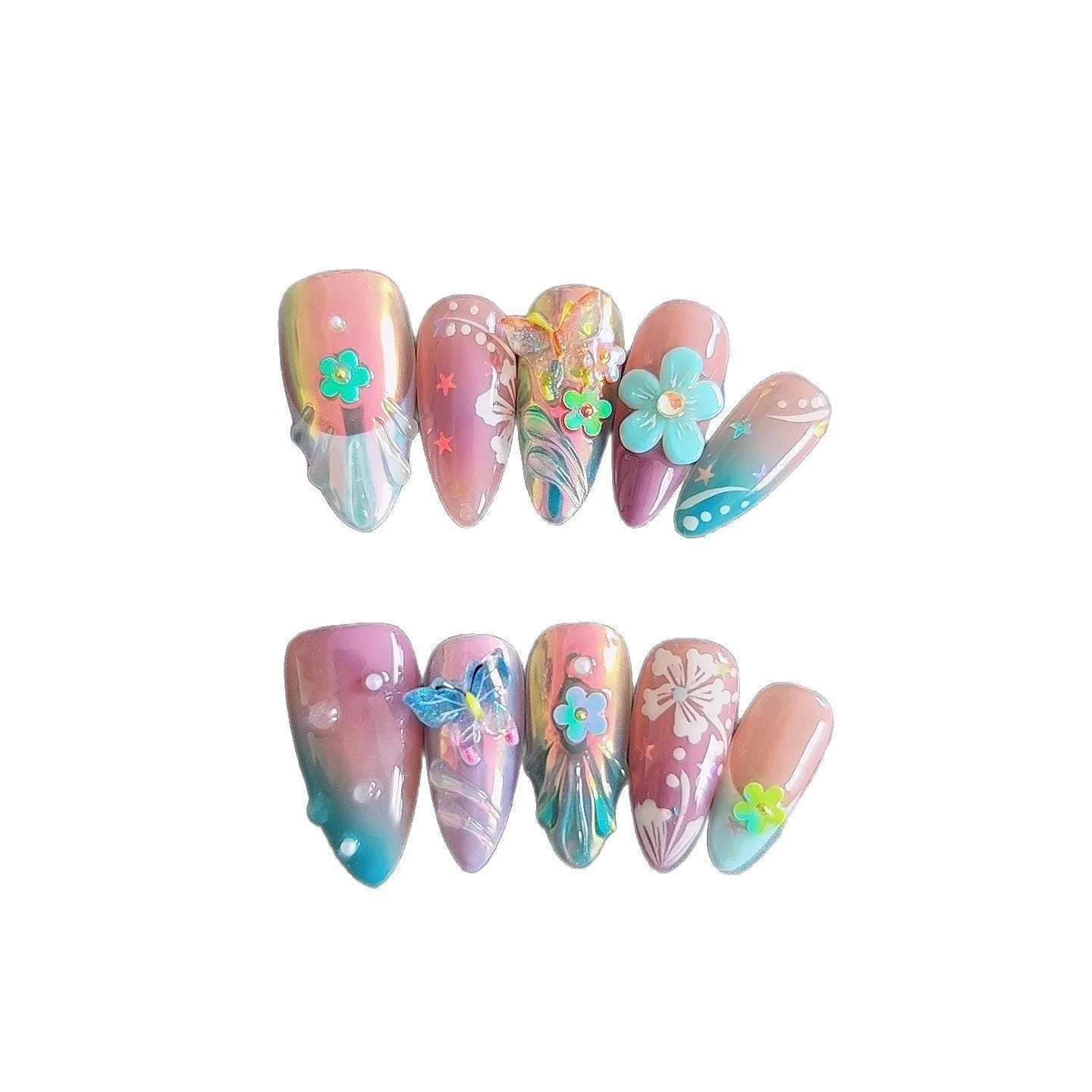 Handmade colourful flower and butterfly nail art sculptures in sizes XS, S, M, L.