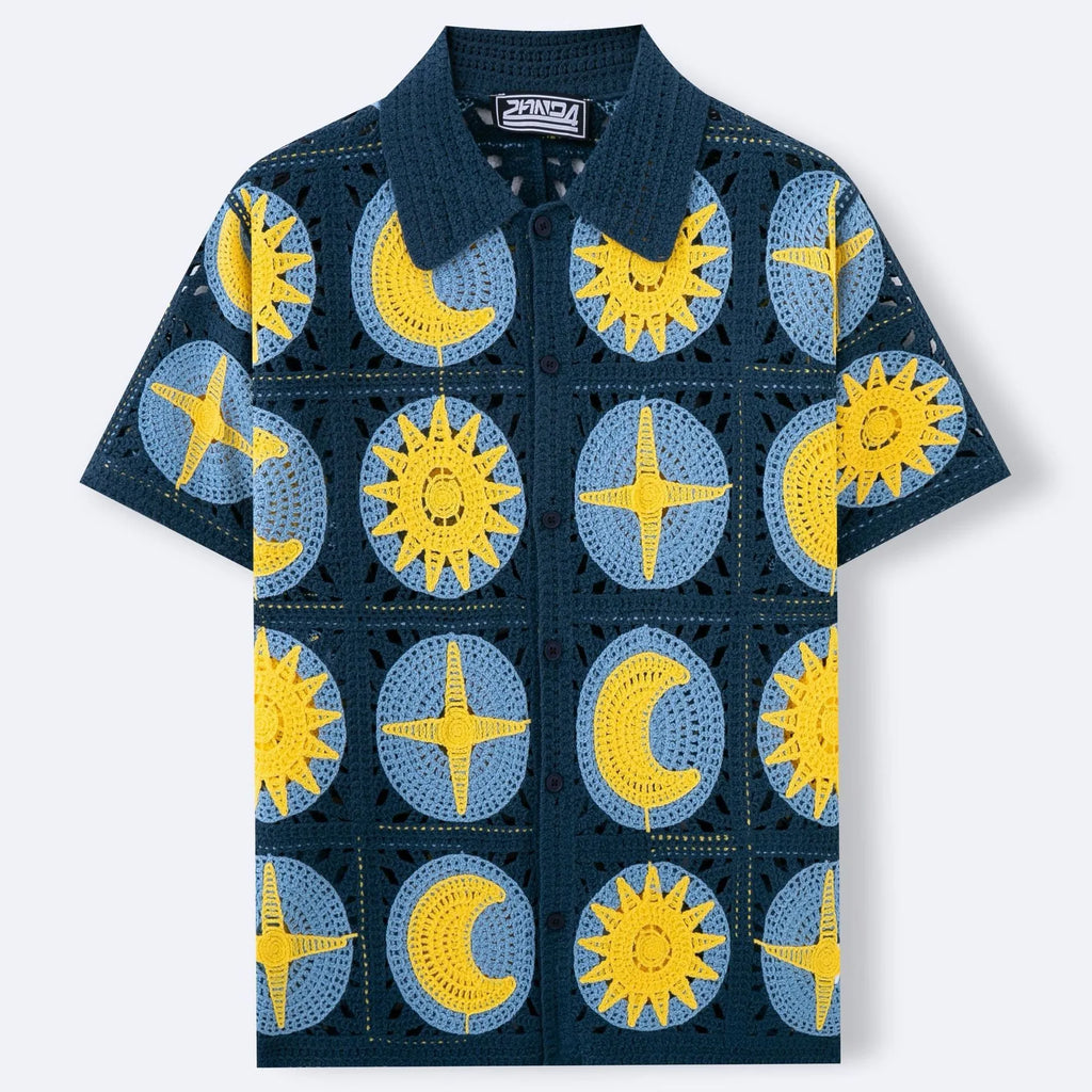 Men's navy blue short-sleeved cardigan with cartoon flocking pattern, displayed on model for casual summer wear
