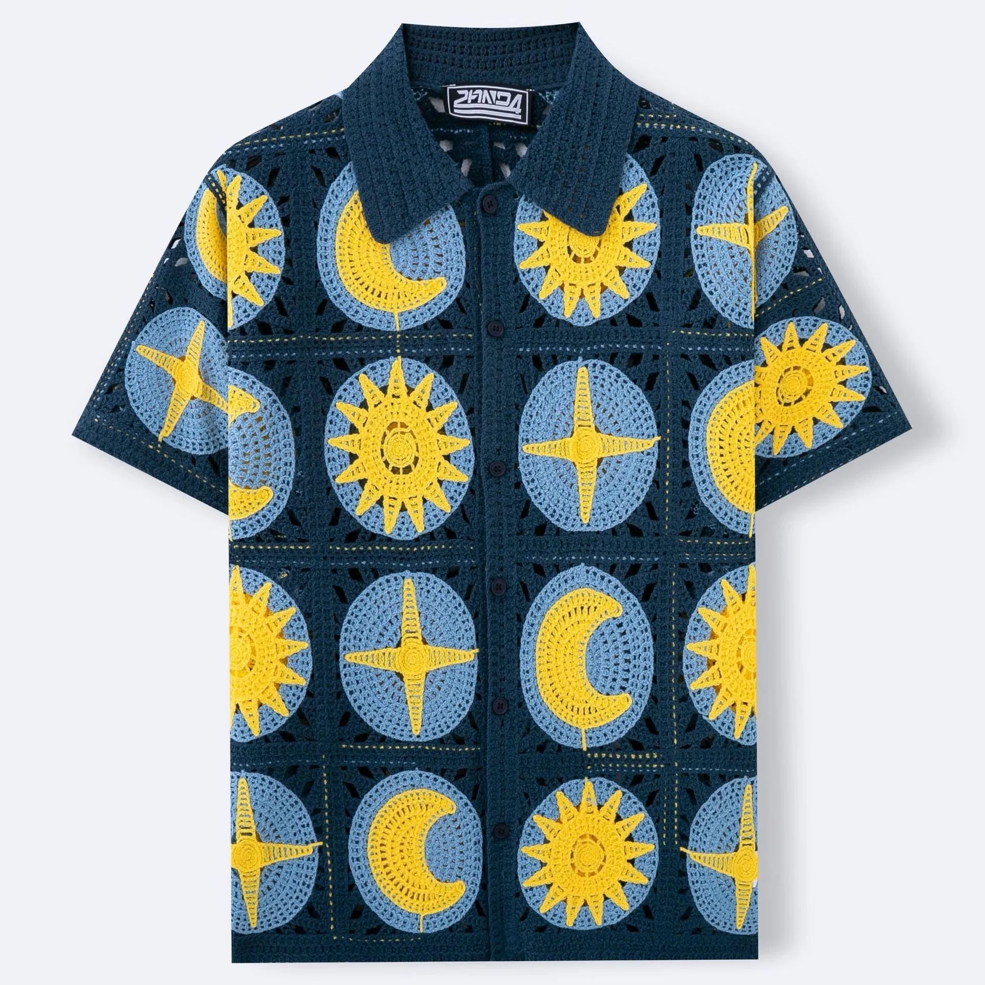 Men's navy blue short-sleeved cardigan with cartoon flocking pattern, displayed on model for casual summer wear
