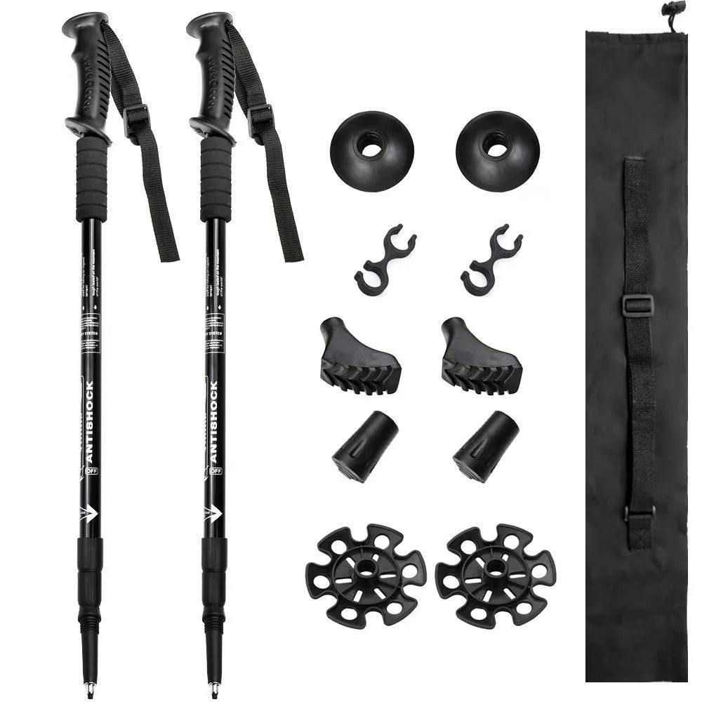 Aluminium alloy trekking poles adjustable 65-135cm with mud supports and snow holders on a mountain trail
