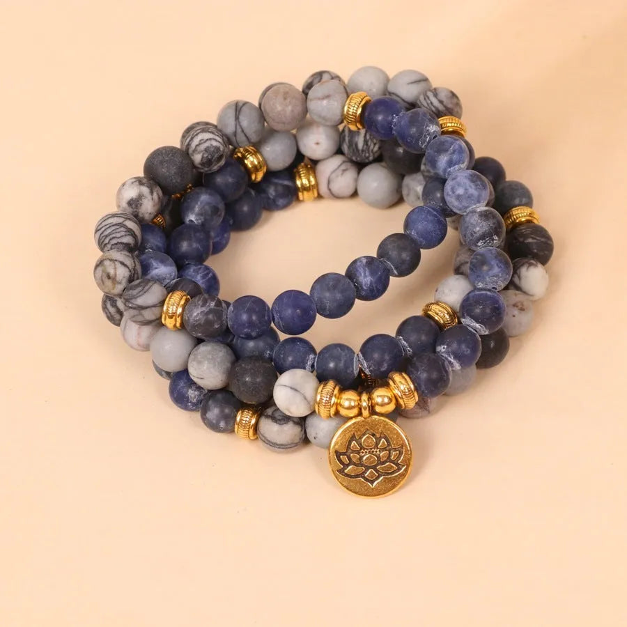 Blue patterned network stone beads on a multi-layer alloy bracelet for women