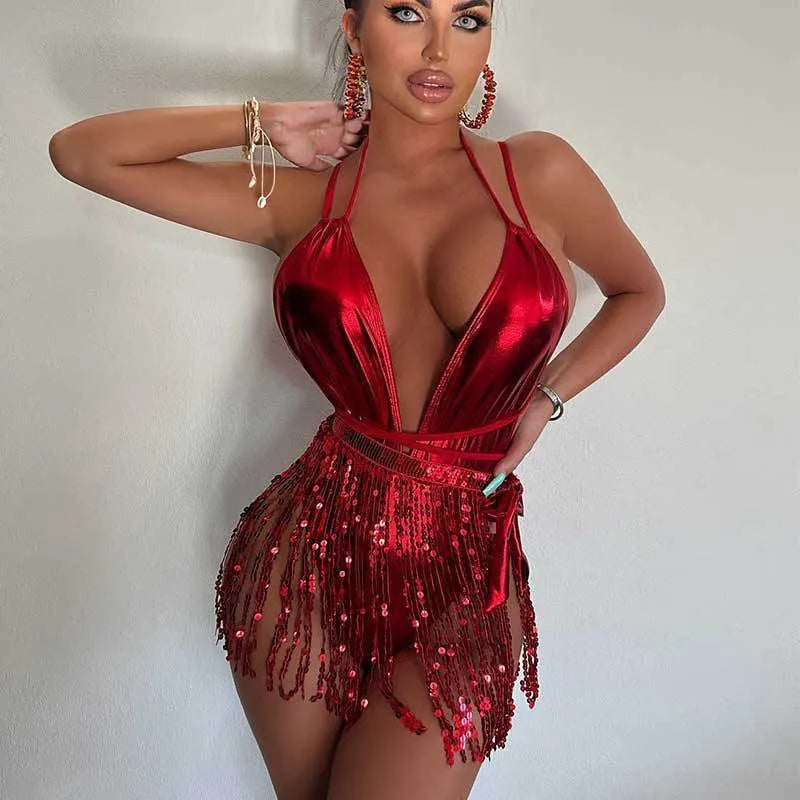 Gold tassel backless one-piece swimsuit with high elasticity spandex lining on a model