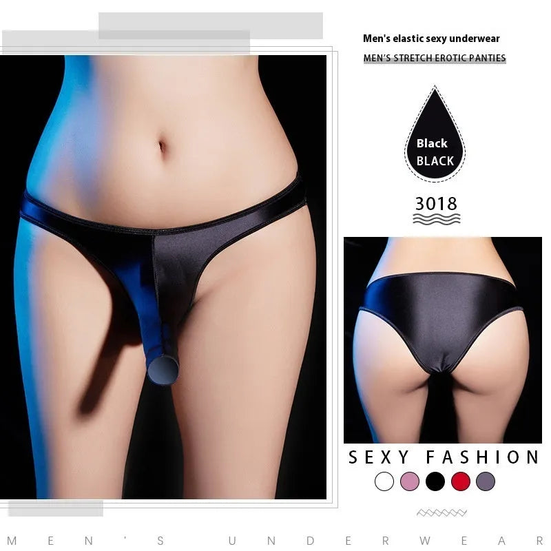 Men's low waist T-back underwear in shiny nylon, shown in black colour on a model
