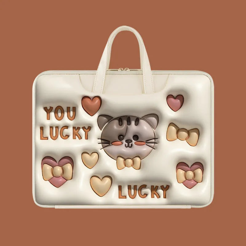 Inflatable PU leather laptop bag in Cat Beige colour with luggage strap, designed for 13 to 15.6 inch devices.