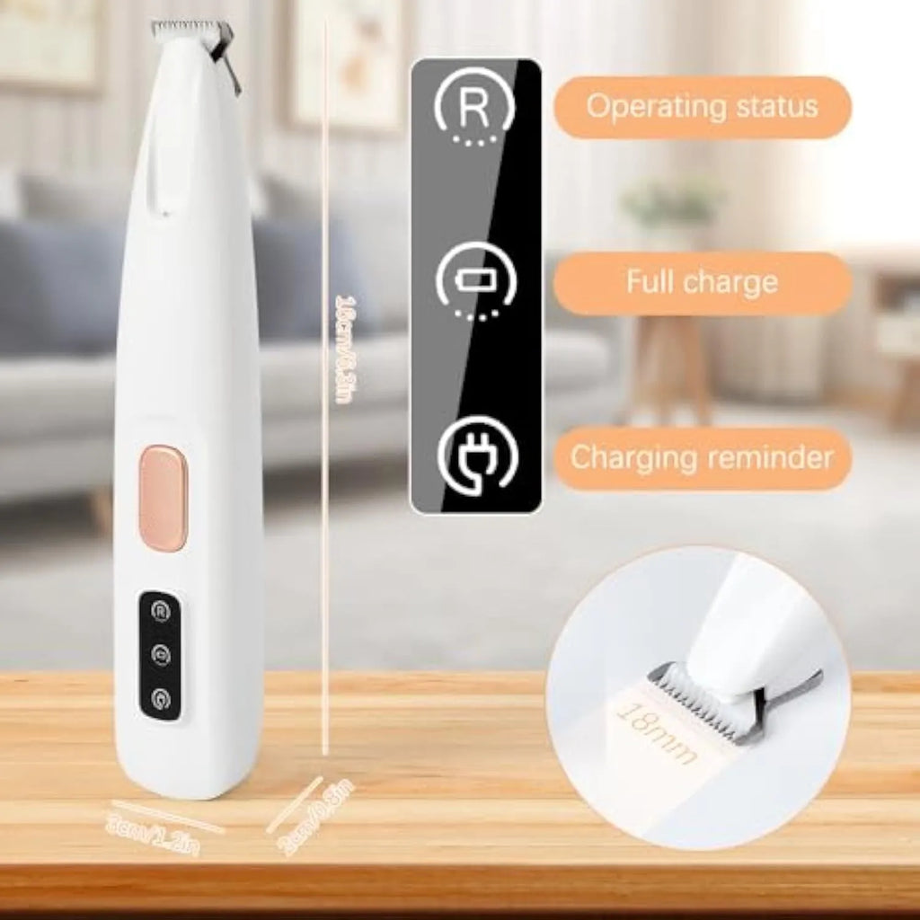 Electric dog paw trimmer in white with LED light and rechargeable base, for trimming paw fur