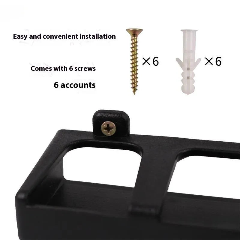 Black ABS plastic wall-mounted fishing rod holder showing upright and horizontal mounting options