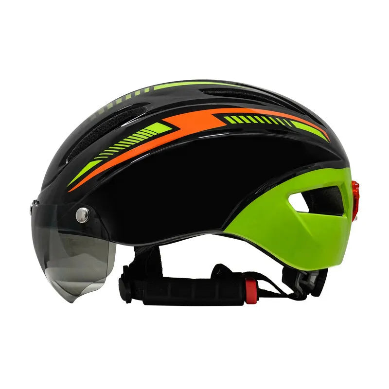 Adult bicycle helmet with goggles and taillight in blue, white, and black colour scheme