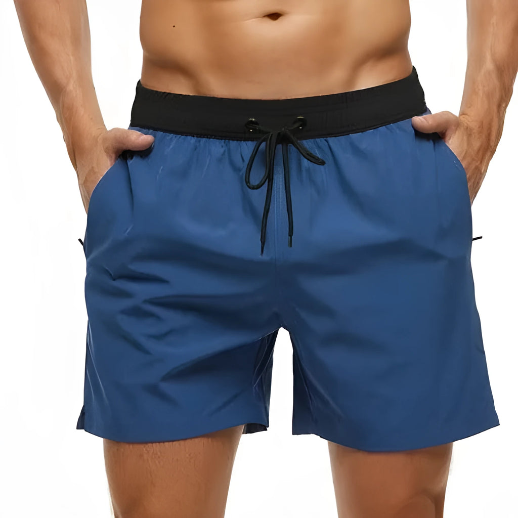 Men's blue stitching waist drawstring athletic shorts with zipper pocket and padding