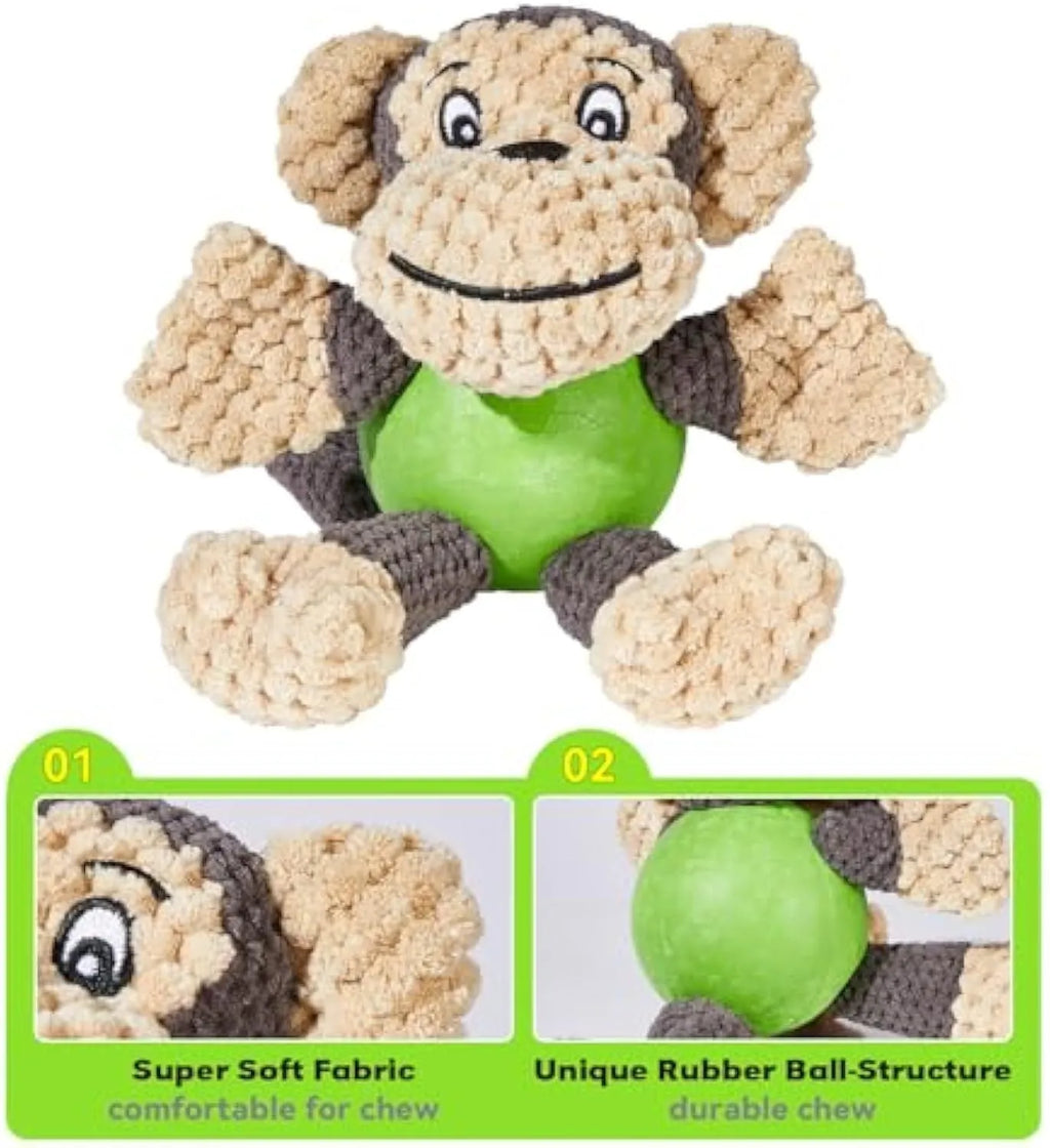 Cute monkey plush squeaky dog toy with soft fabric and four legs on white background