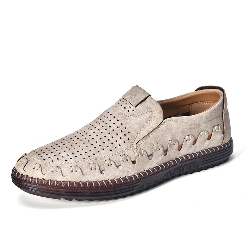 Men's brown slip-on casual shoes with round toe and low-top PU upper.