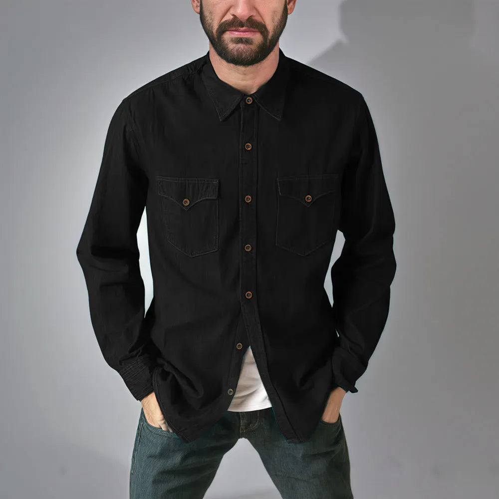 Man wearing a regular fit denim cardigan coat in khaki, showing the open front and cardigan style.