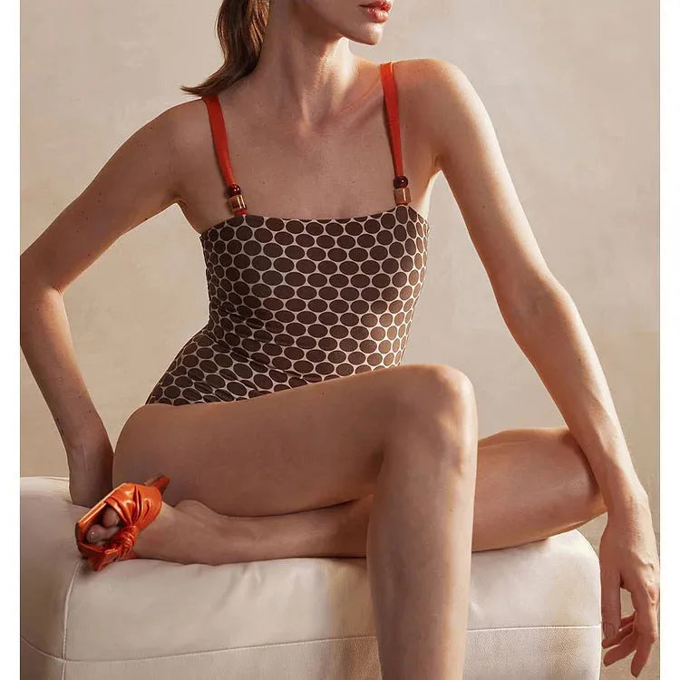 Women's double-sided one-piece swimsuit with dotted pattern and wrap skirt in high-stretch polyester