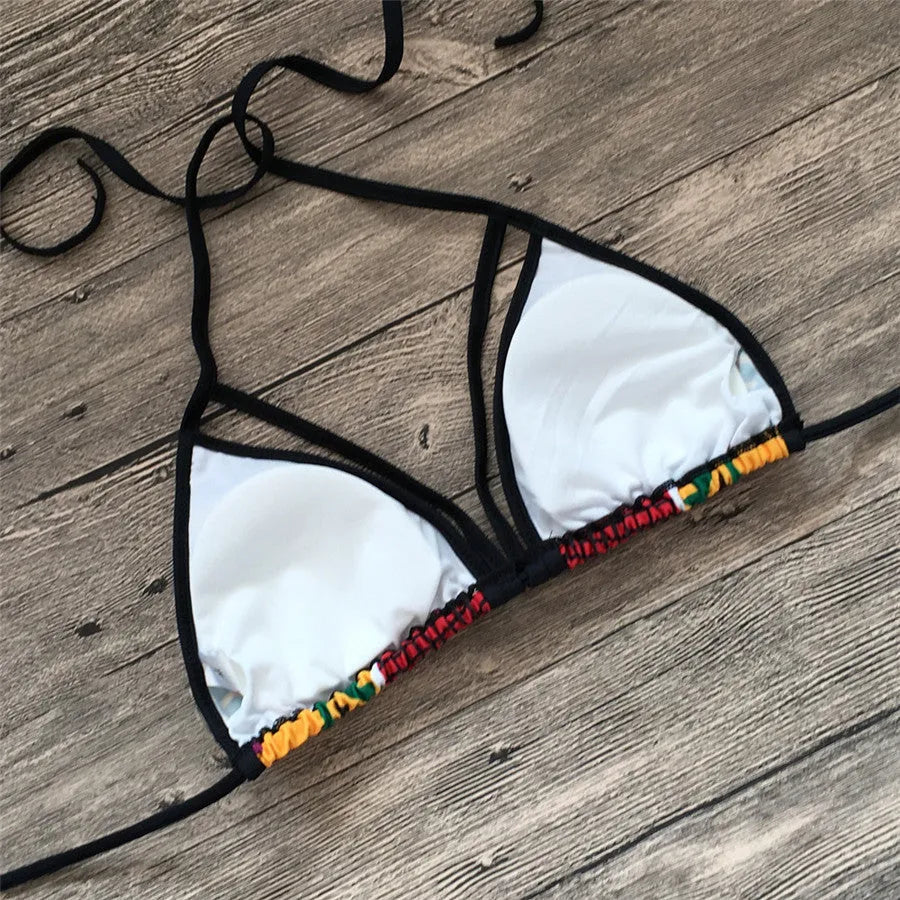 Women's high-waist bikini swimsuit with digital printing, shown as a two-piece set.