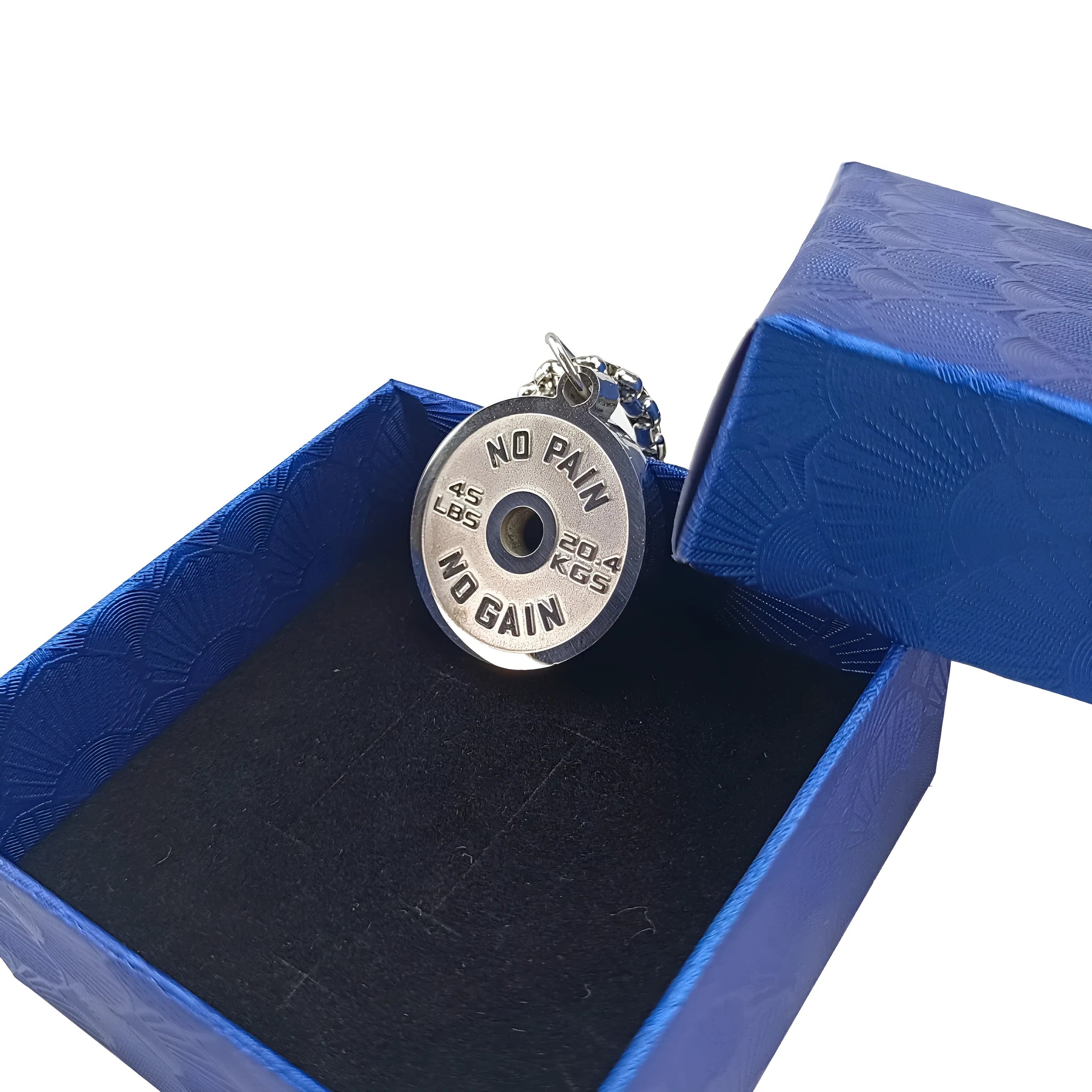 Polished stainless steel barbell disc pendant on a 60cm chain, showing geometric fitness jewellery design.