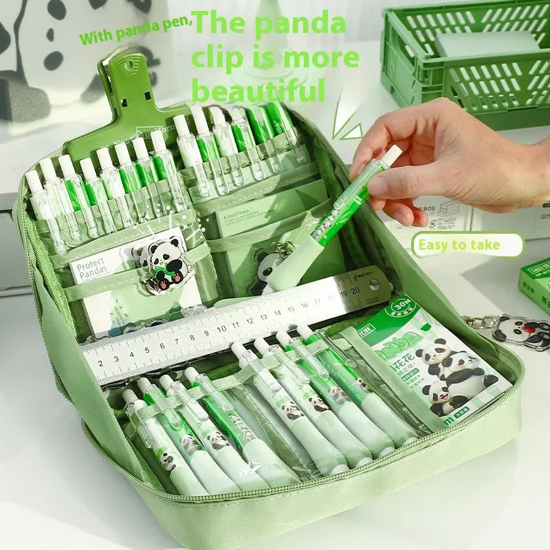 Green 12-layer canvas pencil case with layered storage compartments for pens and pencils, Korean style