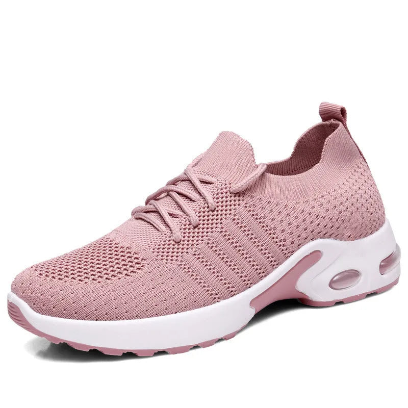 Women's black mesh lace-up sneakers with a soft sole on a white background.