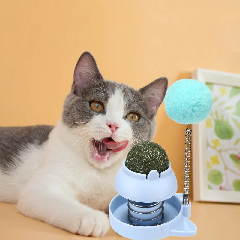 Lucky cat design cat toy with rotating mint ball in blue, orange, and pink colours