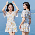 Women's high waist slimming printed one-piece swimsuit with floral pattern in white flowers and blue pattern, sizes M-XXL
