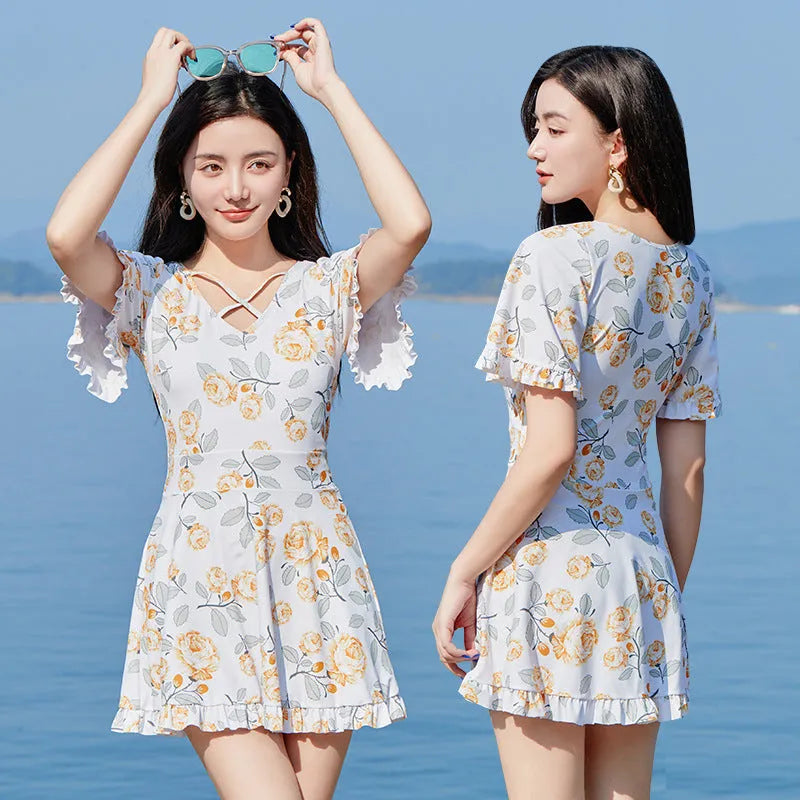 Women's high waist slimming printed one-piece swimsuit with floral pattern in white flowers and blue pattern, sizes M-XXL