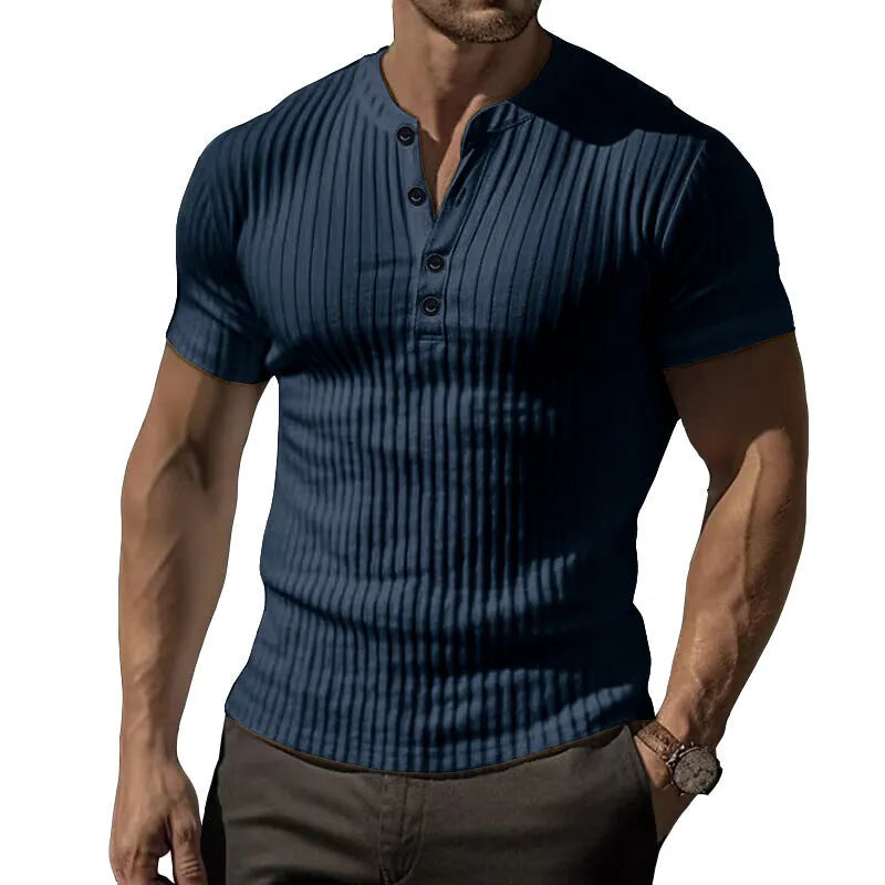 Men's slim-fit short-sleeved polyester sports T-shirt on a hanger, shown in Army Green colour.