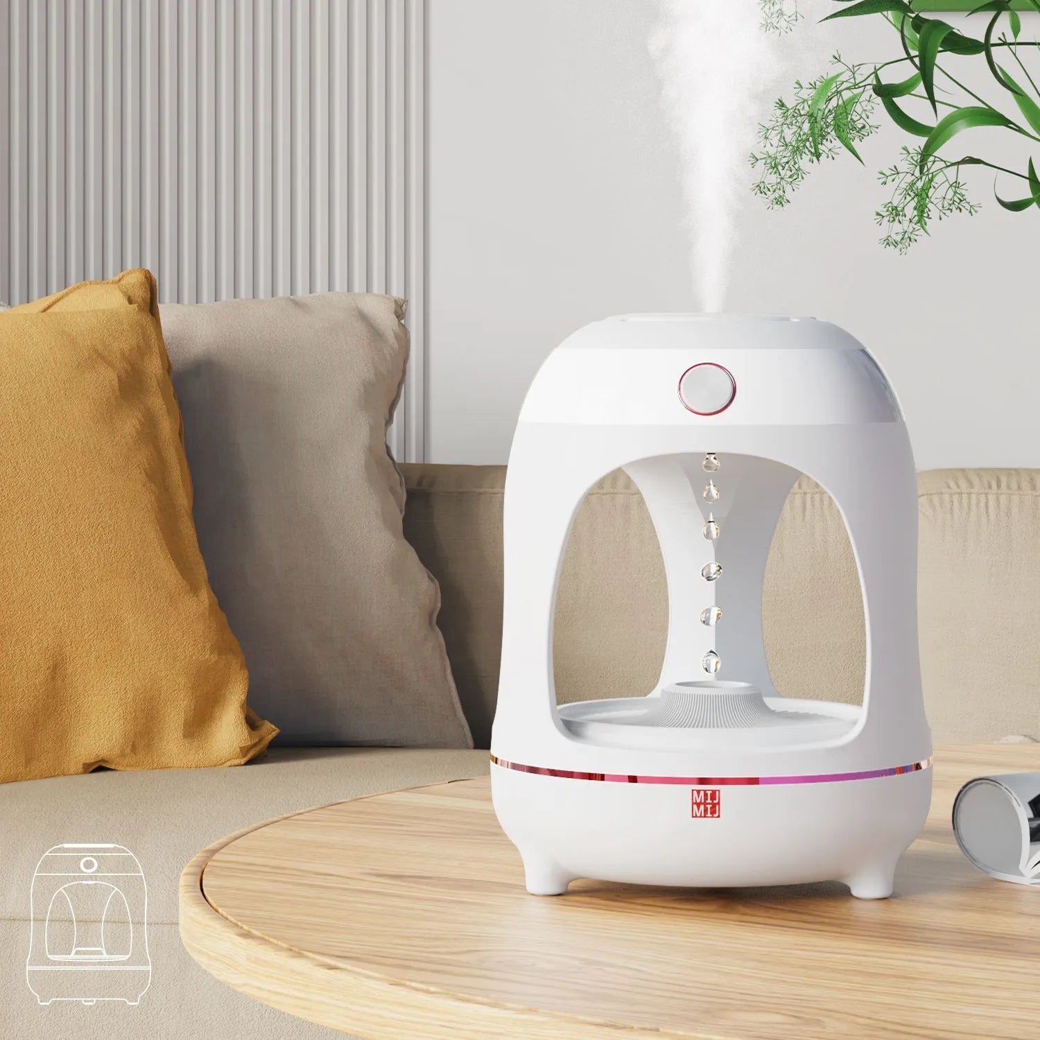 Anti gravity levitating water drops humidifier with LED night light, rose gold white, on desk
