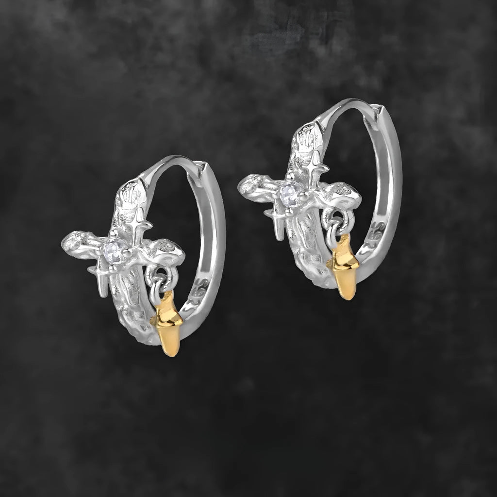 925 silver cross earrings with white gold electroplating and geometric round design