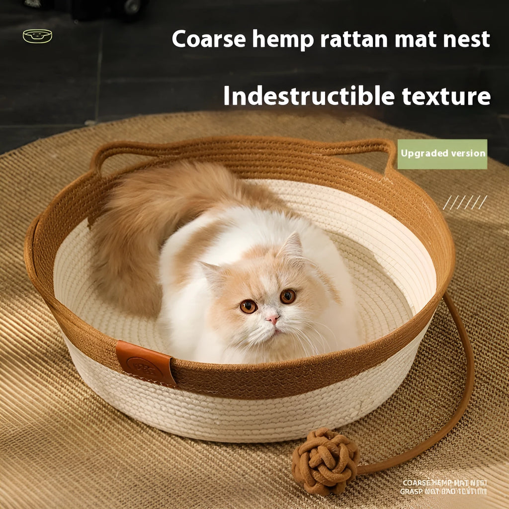 Woven cat nest mat in brown with cotton string stitching texture on a pet bed
