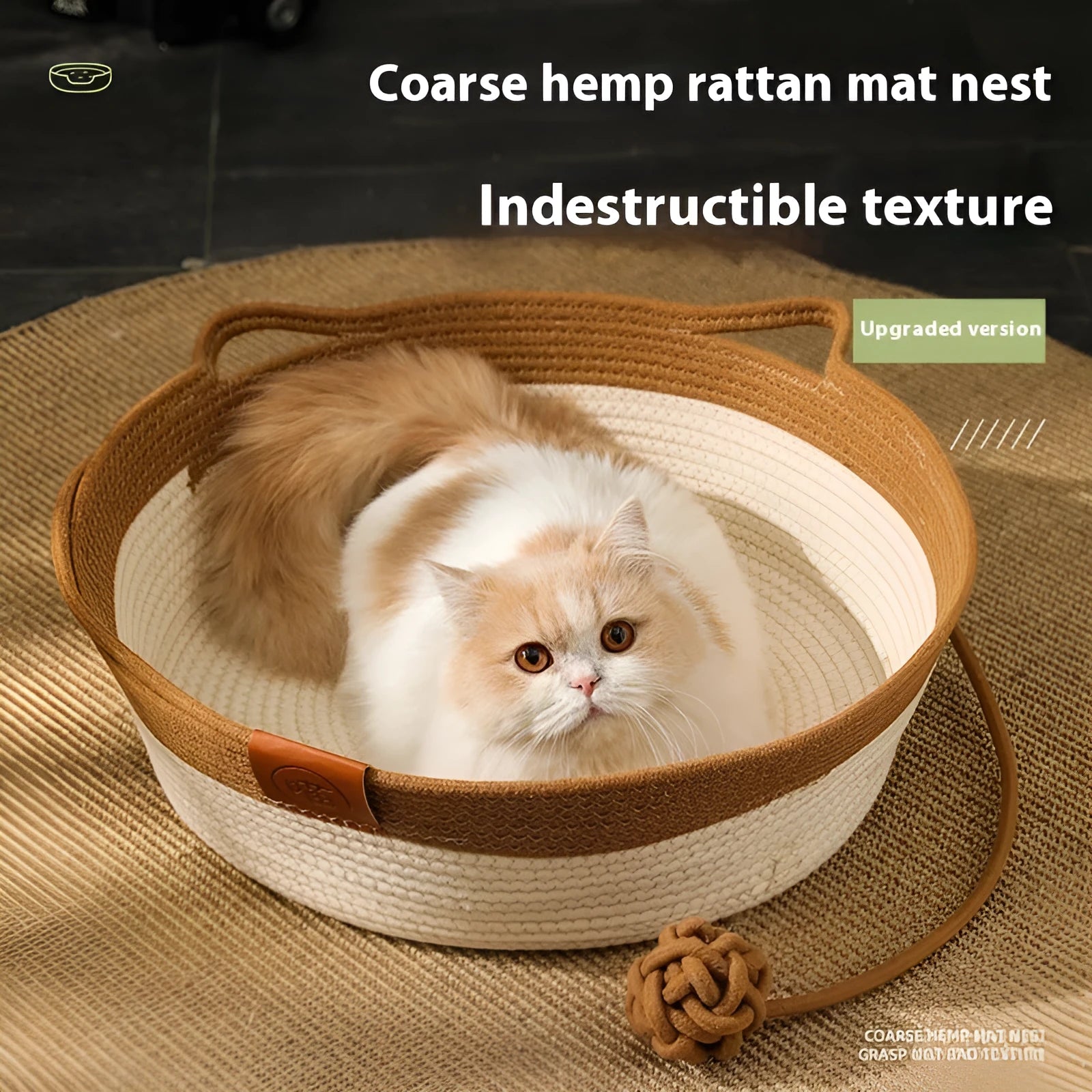 Woven cat nest mat in brown with cotton string stitching texture on a pet bed
