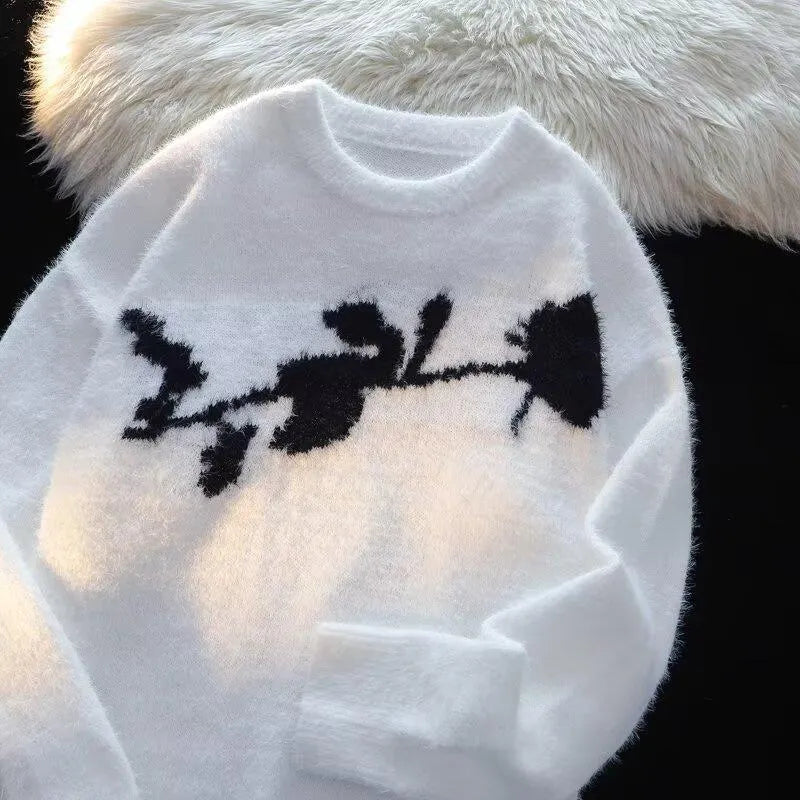 Men's dark rose flocking horse pullover sweater in cotton blend, black colour, long sleeves