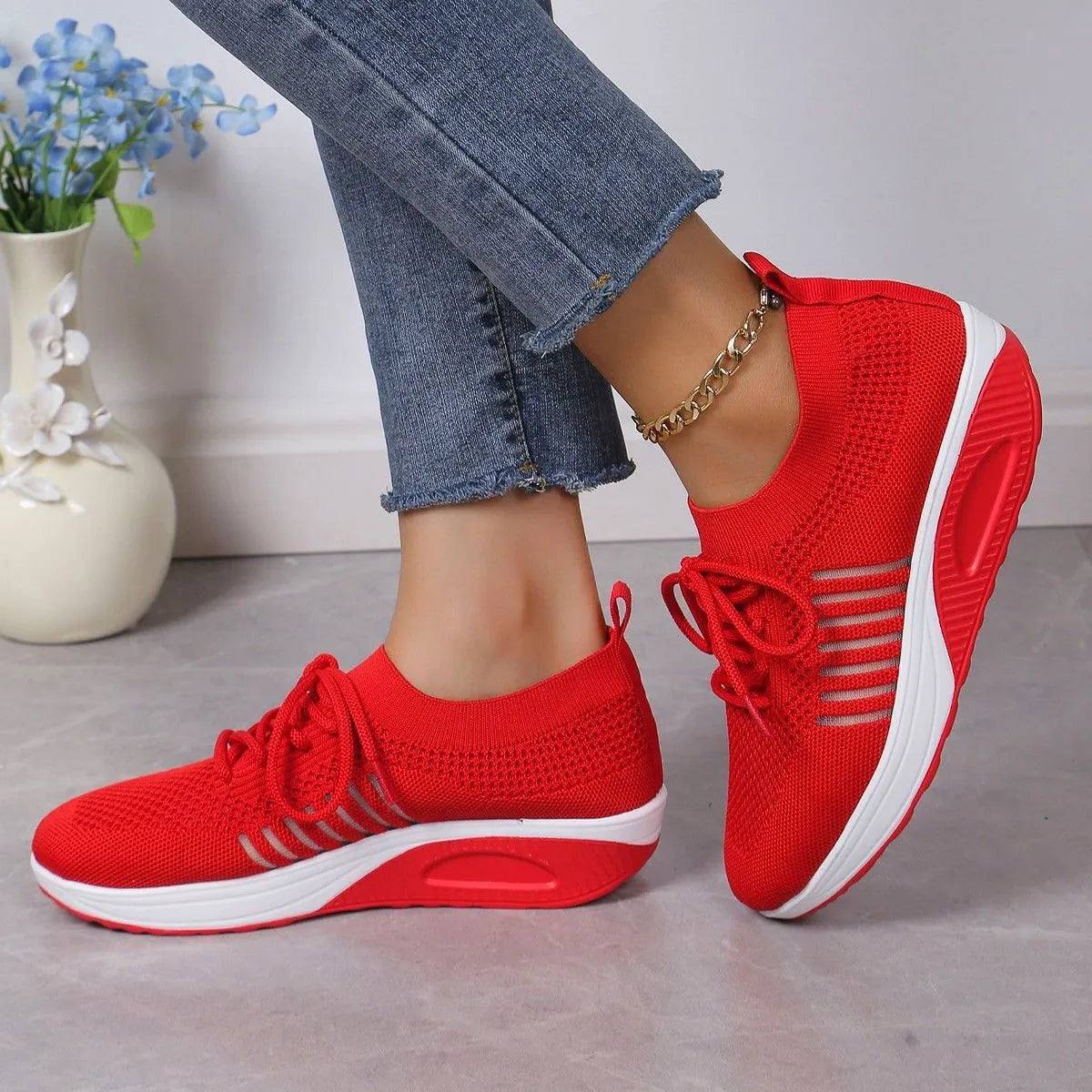 Breathable mesh lace-up flat shoes with platform sole, low heel, round toe, available in black
