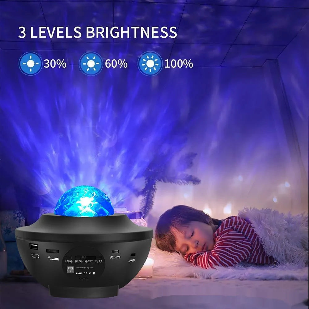 Black desktop starry sky projection lamp with rotating water ripple laser effects and remote control.