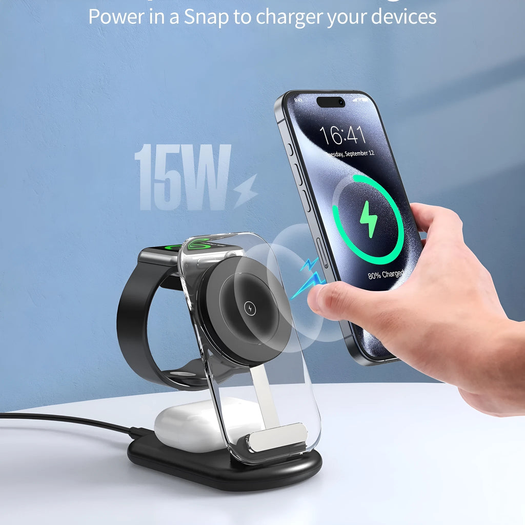 Transparent folding three-in-one magnetic wireless charger showing internal electronic components
