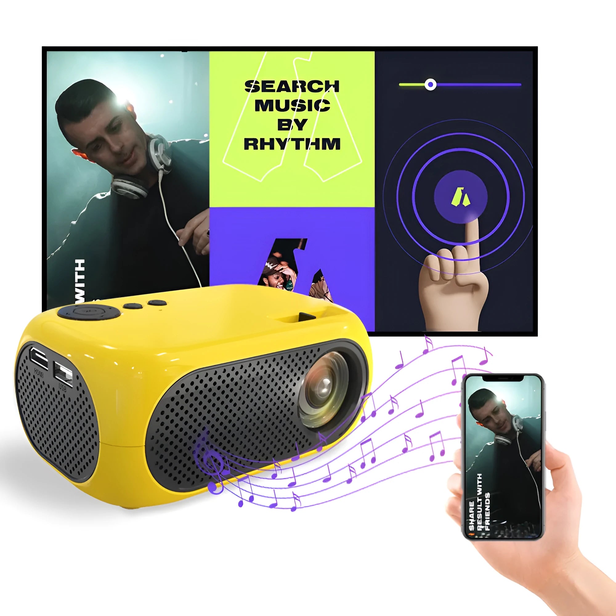 Compact gold and white M24 micro mini LED projector on a table with power adapter and AV cable.