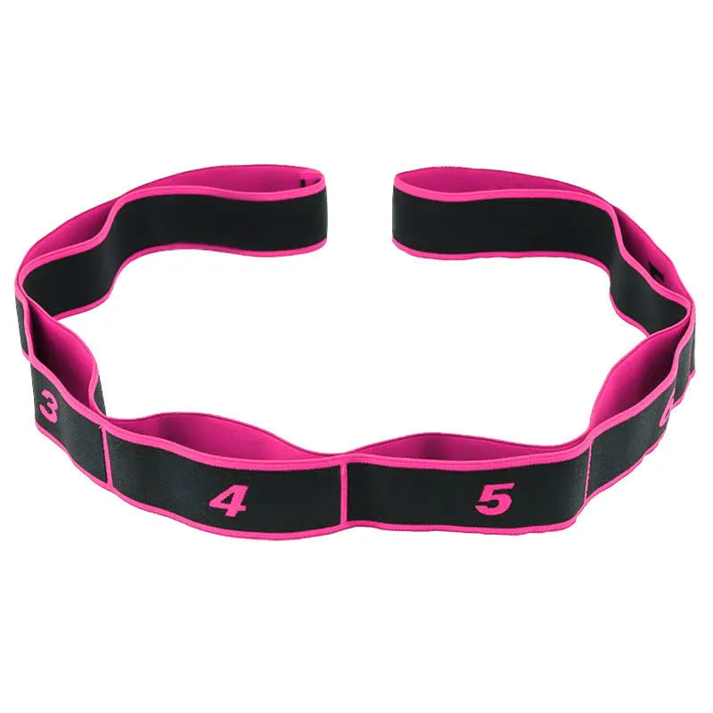 Yoga multi section stretch strap in polyester cotton latex yarn on a fitness mat, available in multiple colours