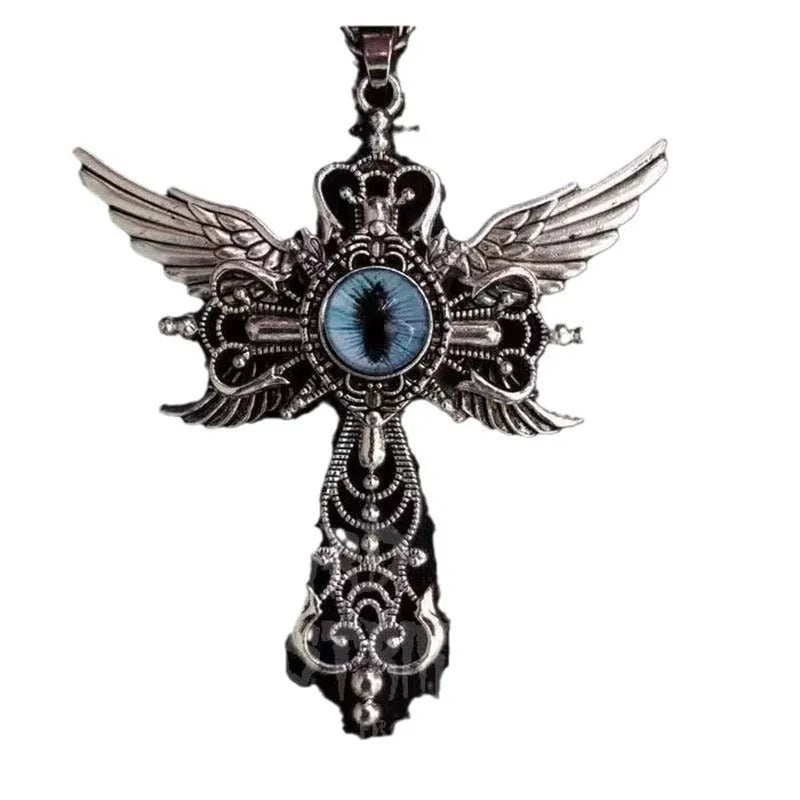 Creative Devil Wings Cross pendant necklace in alloy, showing geometric shape with wing details.