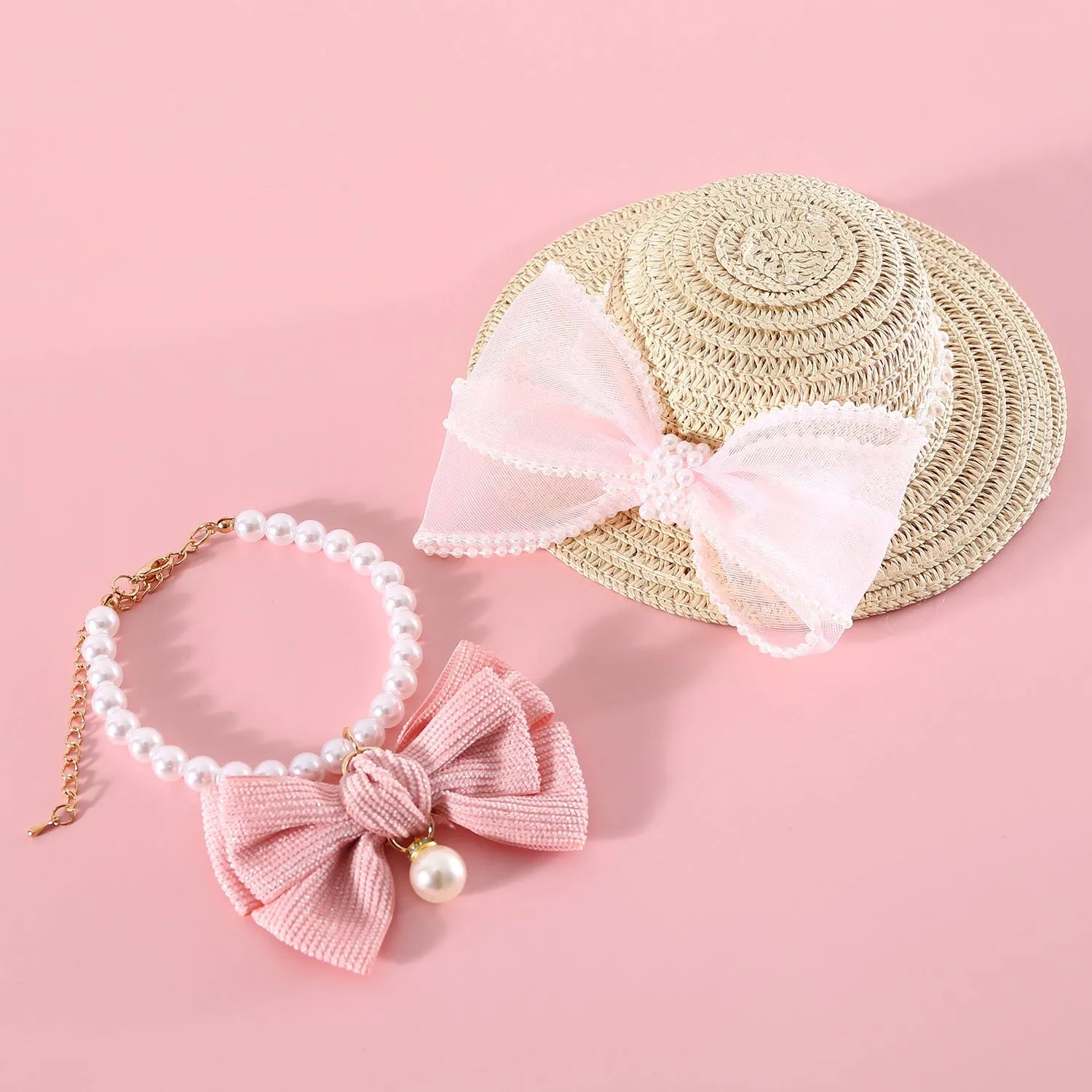 Woven Lafite leaves cat hat with pearl butterfly bow in pink blue purple or white