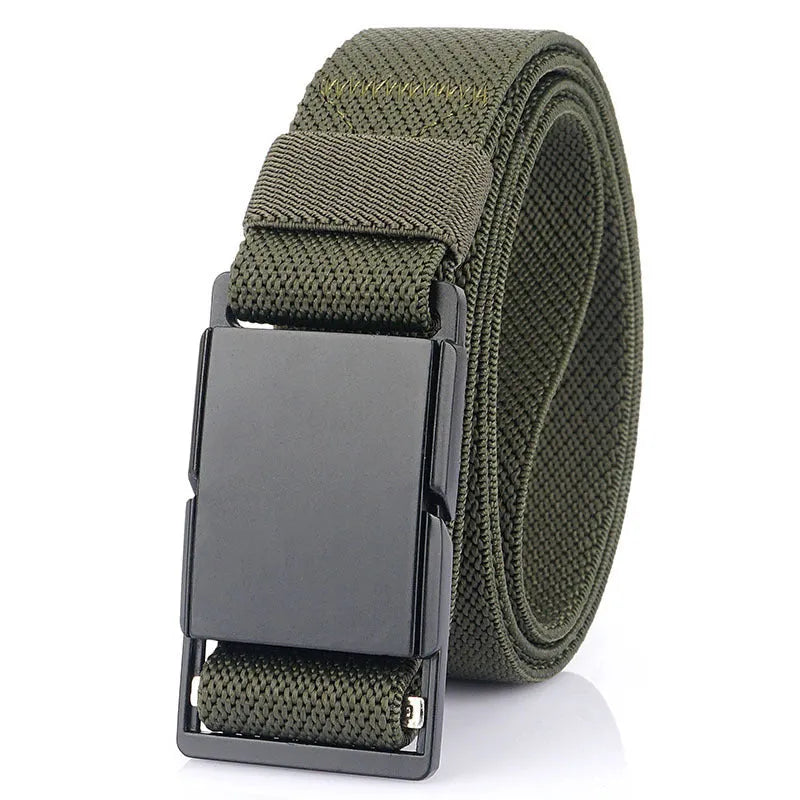 Metal magnetic buckle casual belt in brown, 125cm length, polyester strap with alloy buckle