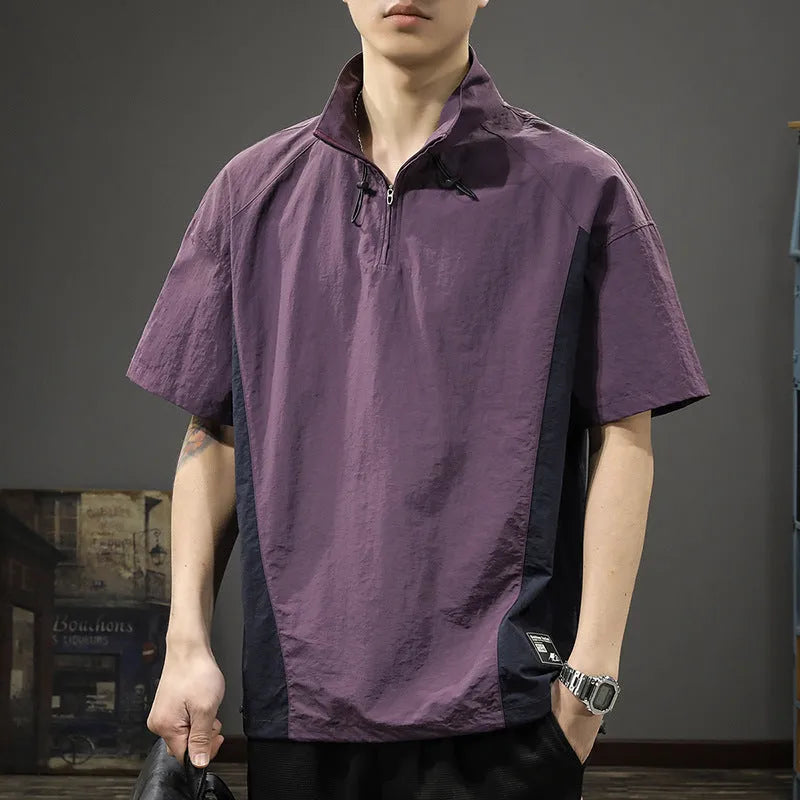 Men's brown ice silk half-zip stand collar business shirt with short sleeves on hanger