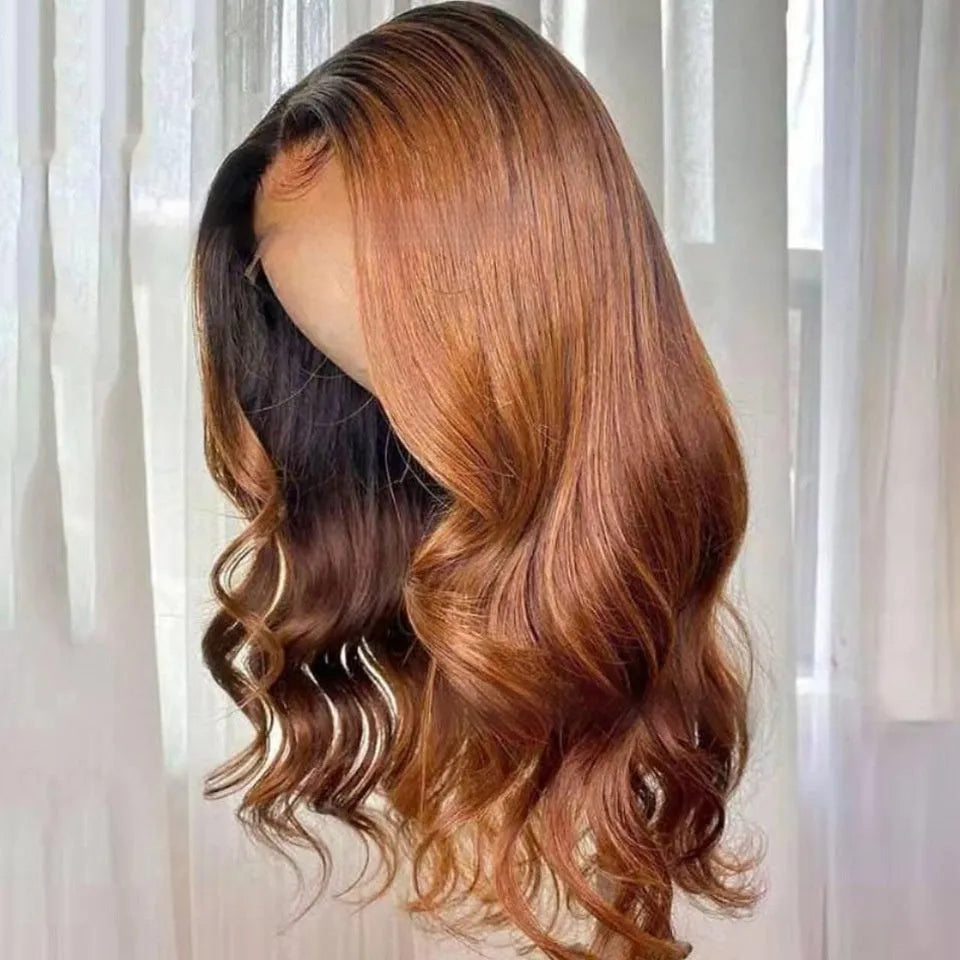 Real human hair Ruili style gradient lace front wig on a model, showing long waves.