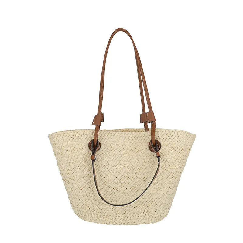 New large capacity woven bag in khaki, horizontal square shape, dual-use shoulder or hand carry, no lining