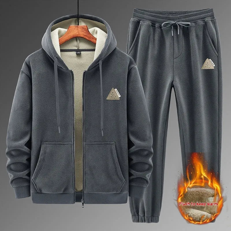 Men's grey hooded cashmere-feel sweater and matching trousers casual sports suit set