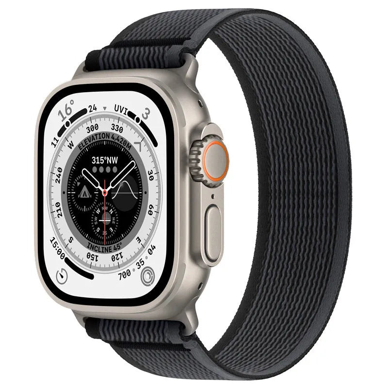 Single ring integrated nylon watch strap for Apple Watch in various colours on a grey background