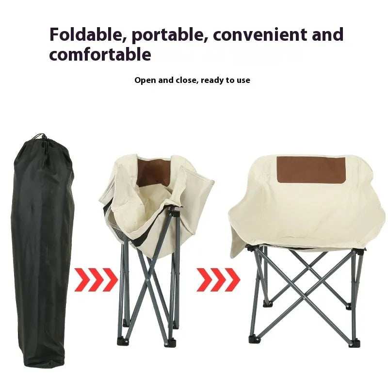 Camping outdoor folding chair in khaki with steel frame and 600D Oxford cloth, shown in a garden setting