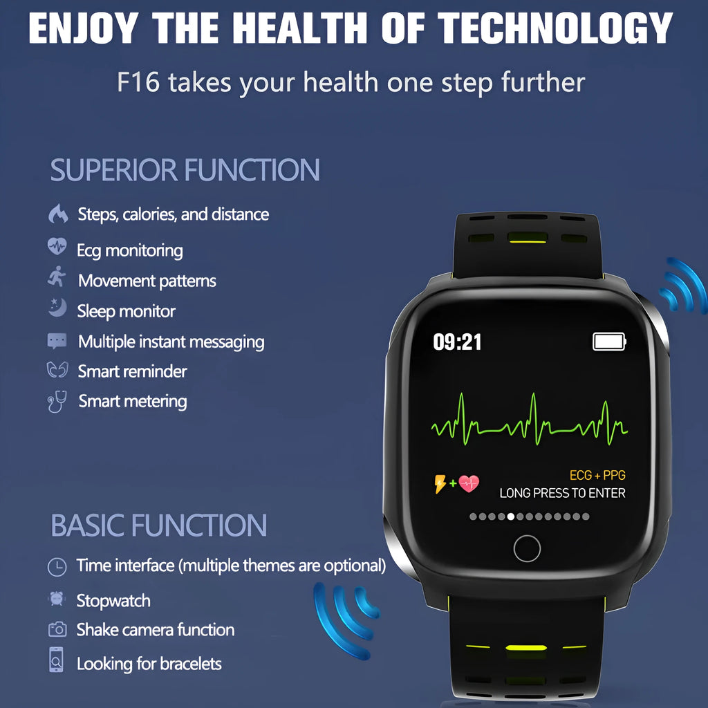 F16 smart watch with ECG monitor on a silicone wristband in black and green colour scheme.