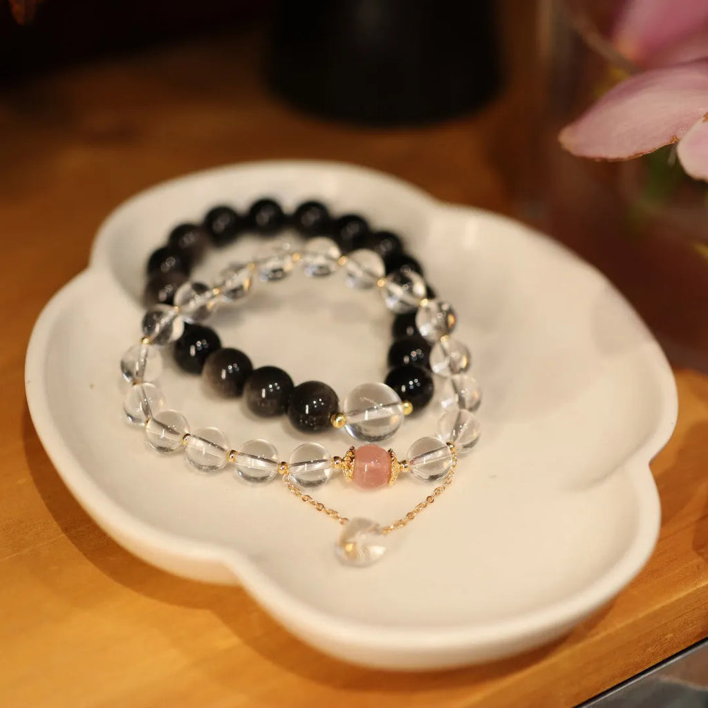 White crystal bracelet with cat eye obsidian beads in geometric Chinese style, unisex size option