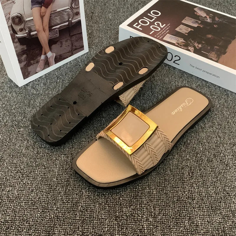 Women's casual flat slippers in apricot colour with waterproof PVC soles