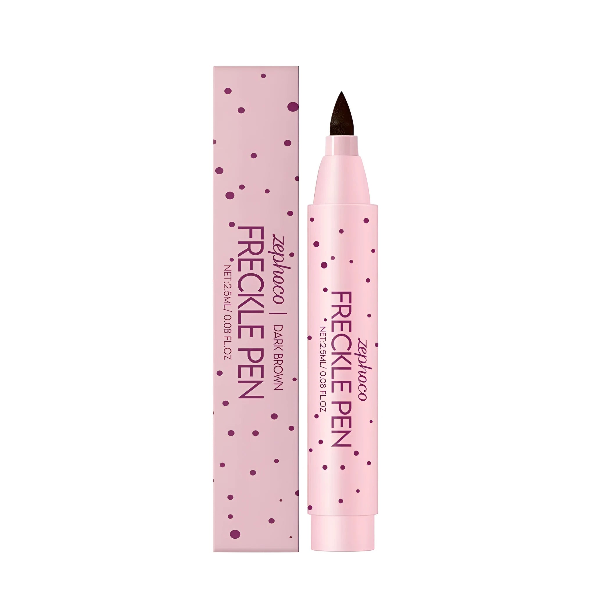 Freckle pen cosmetic tool for applying faux freckles in dark brown and light brown water-based formula