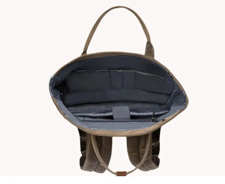 Casual polyester backpack with cover opening showing laptop compartment and zipper pocket