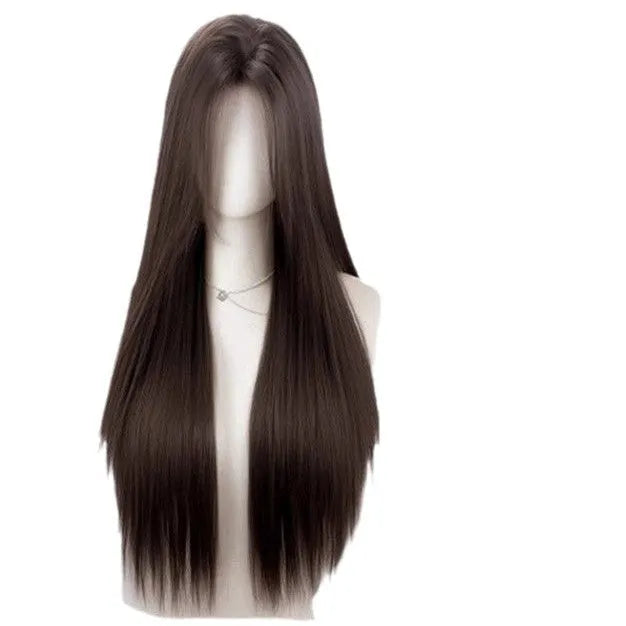 Forehead lace wig mid-length natural black long straight style on mannequin with hair net and clips