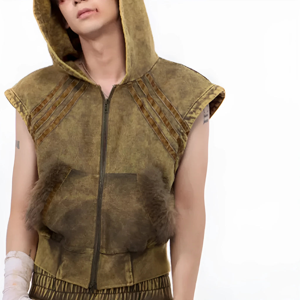 Stitching fur washed sleeveless hooded vest for teenagers in black and gray, front view with zipper